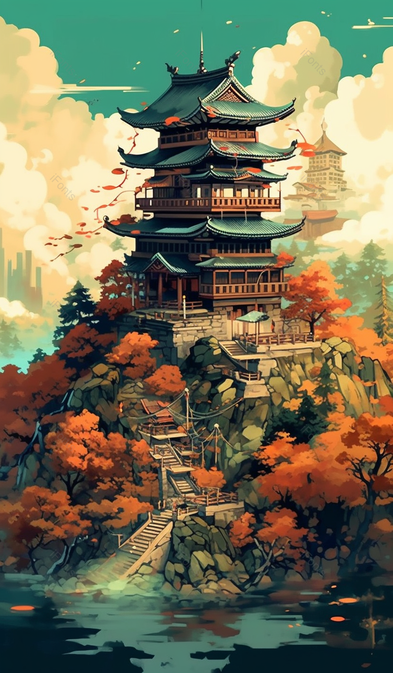 中国风古风楼台房屋建筑在山峰上面山水竖版插画,插画/手绘图,插画/手绘图库,插画/手绘图下载,插画/手绘